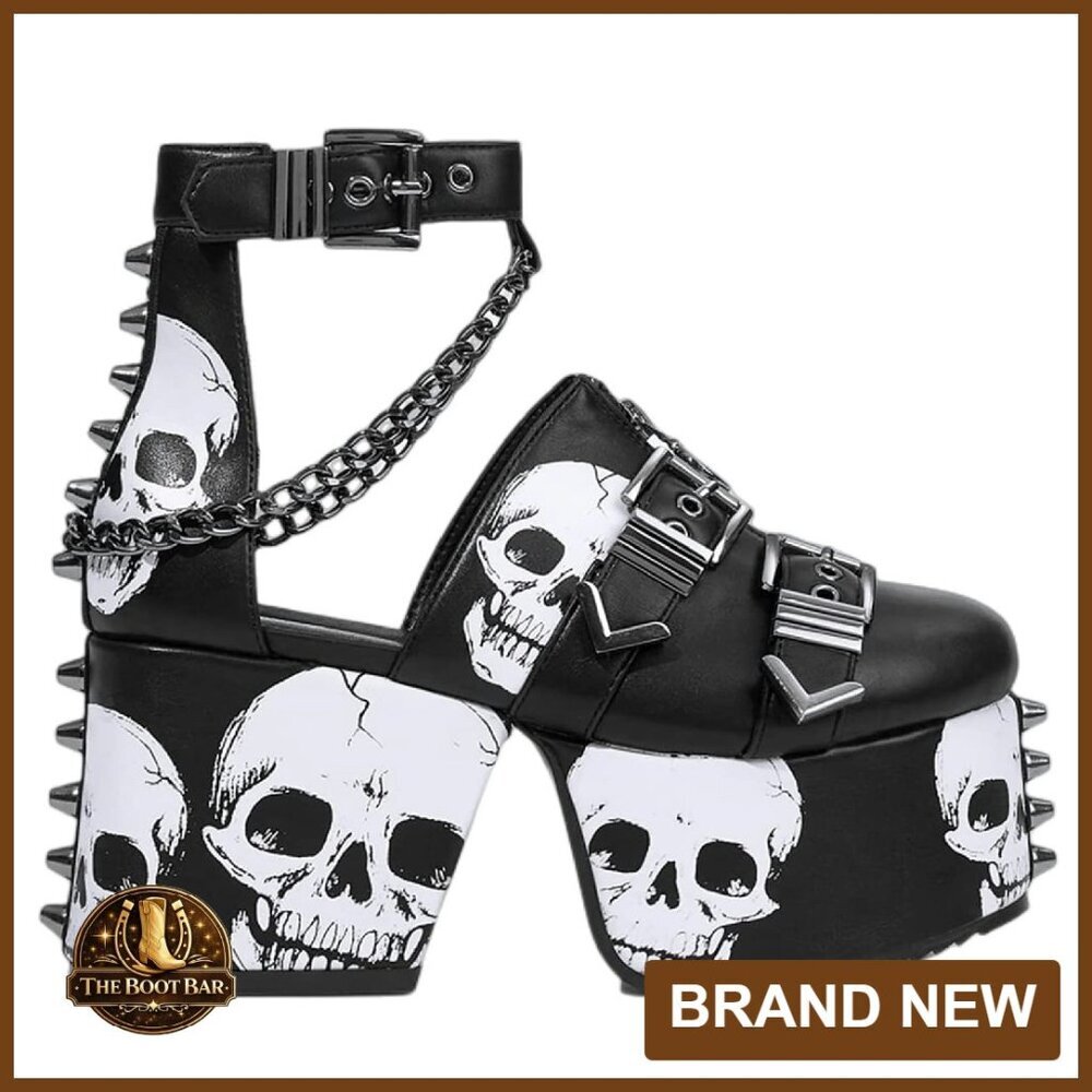 Chunky Platform Wedge Boots with Skull Studs Adjustable Strap